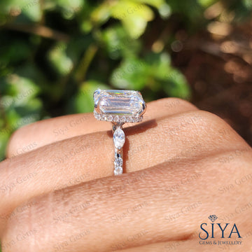 Three Stone Emerald Cut Moissanite Engagement Ring 14k Gold Ring Wedding Ring Anniversary Rings For Her Emerald Distance Pave Ring