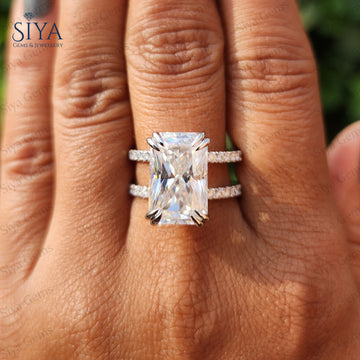 Radiant Cut Moissanite Diamond Ring Solid White Gold Engagement Ring Radiant Hidden Halo Ring Double Band Ring Anniversary Ring For Women