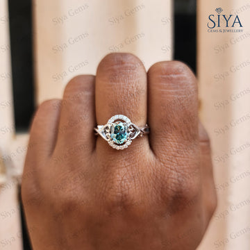 Art Deco Oval Cut Cyan Blue Moissanite Engagement Ring Halo Twisted Band Solid Gold Wedding Ring