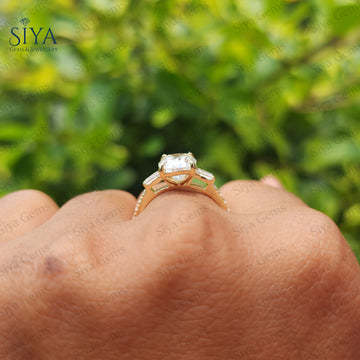 Three Stone Cushion Cut Lab-Grown Diamond Engagement Ring 14K Gold Baguette Side Stones Wedding Ring