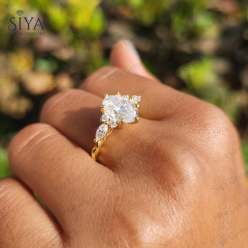 Oval Cut Lab-Grown Diamond Three Stone Engagement Ring 14K Gold Marquise Side Stones Vintage Wedding Ring