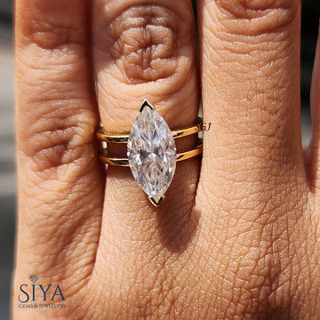 Marquise Cut Moissanite Solitaire Ring, Double Band Ring, Anniversary Promise Gift Ring