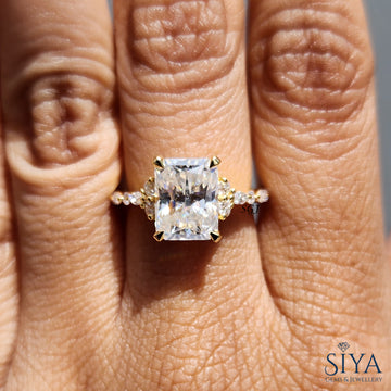 2CT Radiant Cut Moissanite Diamond Engagement Ring 14K Yellow Gold with Side Stones Cluster Diamond Ring.