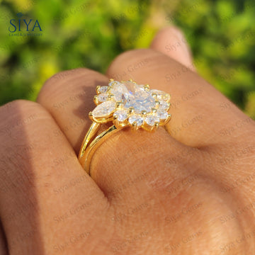 Oval Lab-Grown Diamond Floral Halo Cluster Ring 14K Gold Vintage Engagement Wedding Ring Gift for Her