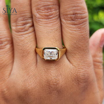East West Radiant Cut Lab-Grown Diamond Ring Bezel Set 14K Solid Gold Engagement Wedding Ring
