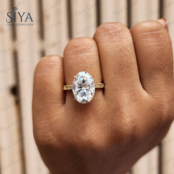 Oval Lab-Grown Diamond Engagement Ring Art Deco 14K Yellow Gold Vintage Solitaire Bridal Ring