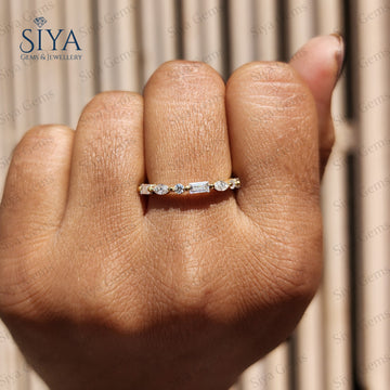 Round Marquise Baguette Lab-Grown Diamond Eternity Band White Gold Dainty Wedding Stacking Ring