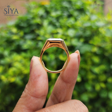 East West Emerald Cut Lab Grown Diamond Ring 14K Solid Gold Bezel Set Engagement Ring For Women