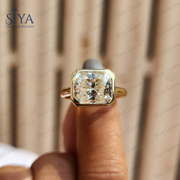 Radiant Cut Lab-Grown Diamond East West Ring 14K Gold Bezel Set Horizontal Solitaire Engagement Ring