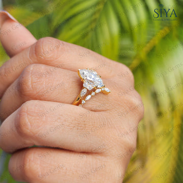 Marquise Cluster Lab-Grown Diamond Wedding Ring Set 14K Solid Gold Engagement Ring Anniversary Gift for Her