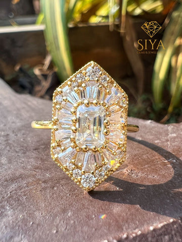 Hexagon Emerald Cut Lab Grown Diamond Ring | Baguette & Round Mosaic Engagement Ring